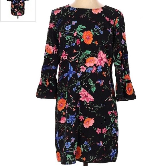 OLD NAVY Black Floral Print Dress Bell Sleeves Women's Small S Keyhole Back EUC - Picture 1 of 7